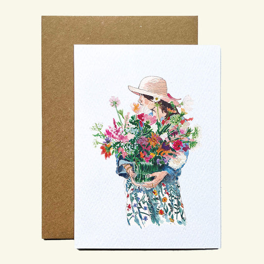 Woman with Flowers Greetings Card