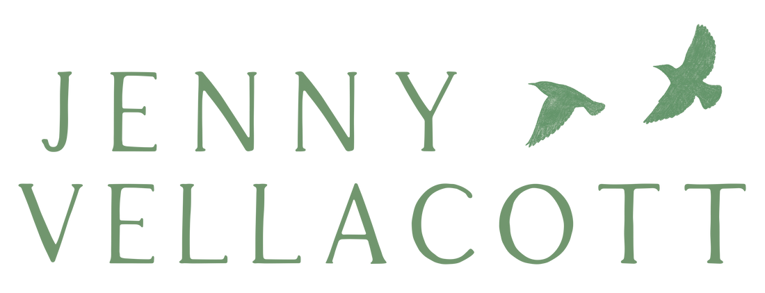 Artist logo saying Jenny Vellacott in green text with 2 sketched green birds